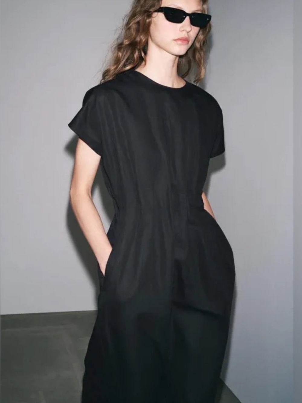 ZARA ZW COLLECTION LINEN PLEATED MIDI DRESS POCKETS MEDIUM - Picture 3 of 10